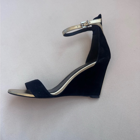Brian Atwood Black Suede and Gold Wedge Sandals - Picture 1 of 8